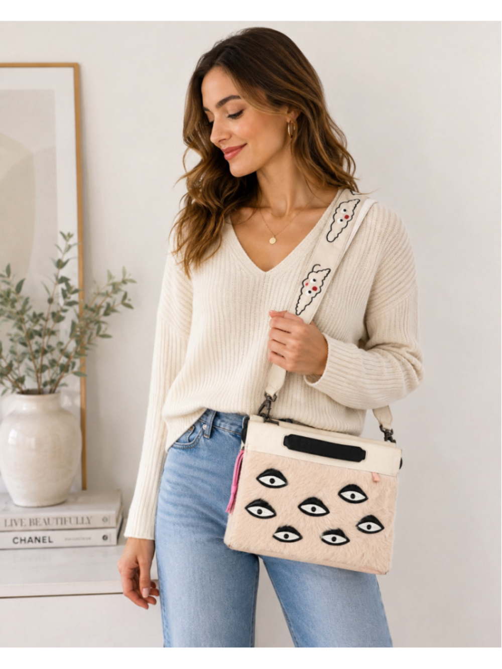 MIN & MON New York Eye Motif Fur Leather Crossbody Shoulder Bag Pink Ivory